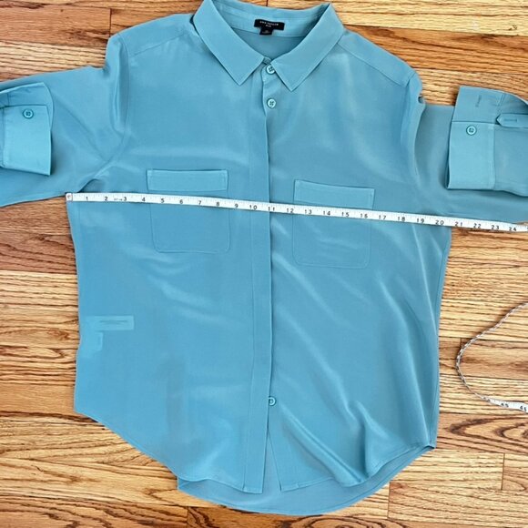 ANN TAYLOR Silk Blouse M Cornflower Blue Roll Tab Sleeve Chic Career Workwear - Picture 6 of 11